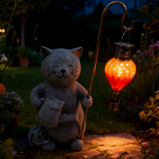 Solar-Powered Resin Cat Garden Statue with LED Hot Air Balloon Lantern - Mother Cat & Kitten Figurine with Watering Can for Outdoor Decor