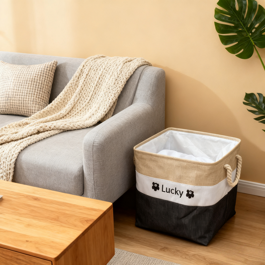 Color-Blocked Canvas Storage Basket with Rope Handles - "Lucky" Printed Organizer for Home Decor, Laundry & Toy Storage