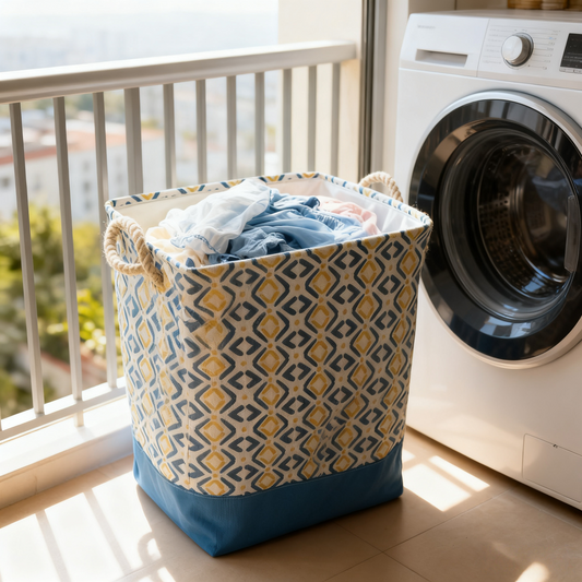 Geometric Pattern Canvas Laundry Hamper with Rope Handles - Blue & Yellow Organizer for Dirty Clothes, Bedding & Home Storage