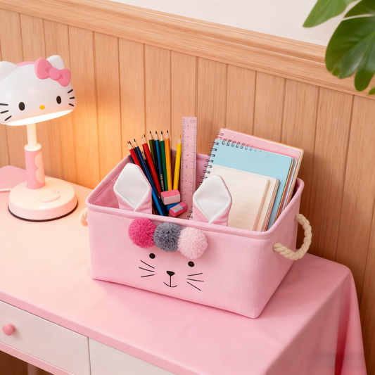 Cute Bunny Design Pink Canvas Storage Basket - Rope Handle Organizer for Kids' Clothes, Toys & Nursery