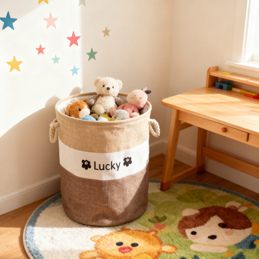 Round Color-Blocked Canvas Storage Bin with Rope Handles - "Lucky" Printed Organizer for Kids' Toys, Laundry & Nursery Deco