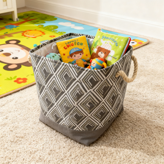 Geometric Pattern Canvas Storage Bin with Rope Handles - Gray & White Organizer for Kids' Toys, Clothes & Bedding