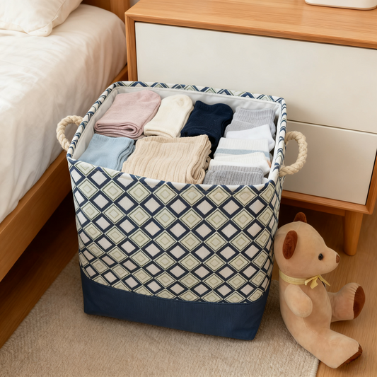Geometric Pattern Canvas Storage Bin with Rope Handles - Navy & Beige Organizer for Kids' Clothes, Bedding & Laundry