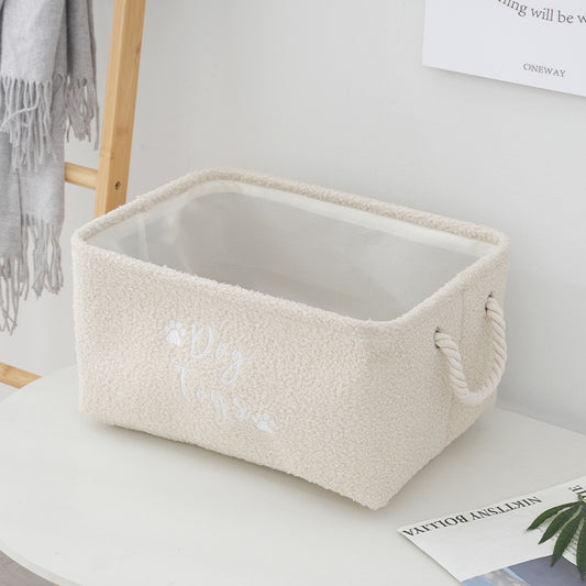 Teddy Fleece Round Dog Toy Storage Bin -Beige Plush Organizer Basket with Rope Handles for Pet Toys & Pet Supplies