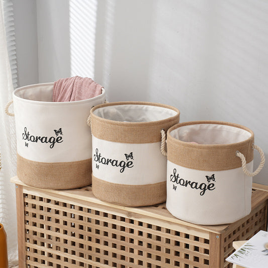 Round Linen & Canvas Storage Bin with Rope Handles - Butterfly "Storage" Printed Organizer for Toys, Clothes & Home Organization