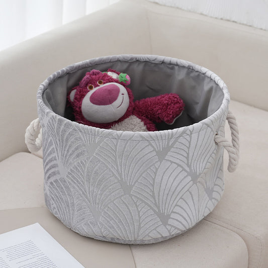 Gray Embroidered Velvet Storage Bin with Rope Handles - Art Deco Fan Pattern Organizer Basket for Toys & Home Decor