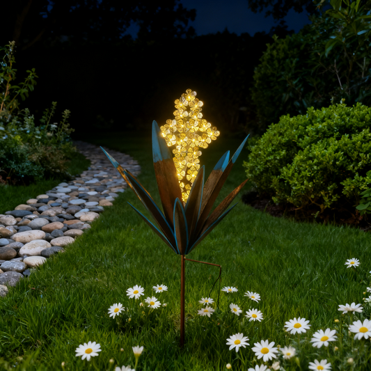 Solar-Powered Metal Agave Plant Garden Stake with Warm LED Lights - Outdoor Iron Art Decor for Garden Landscaping, Auto-Charging Night Light Ornament