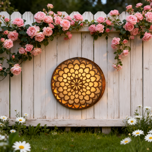 Solar-Powered Metal Floral Mandala Garden Stake with Warm LED Light - Outdoor Iron Art Decor for Garden Landscaping, Auto-Charging Night Light Ornament