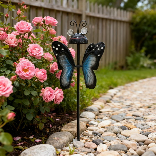 Solar-Powered Metal Blue Butterfly Garden Stake with Warm LED Lights - Outdoor Iron Art Decor for Garden Landscaping, Auto-Charging Night Light Ornament