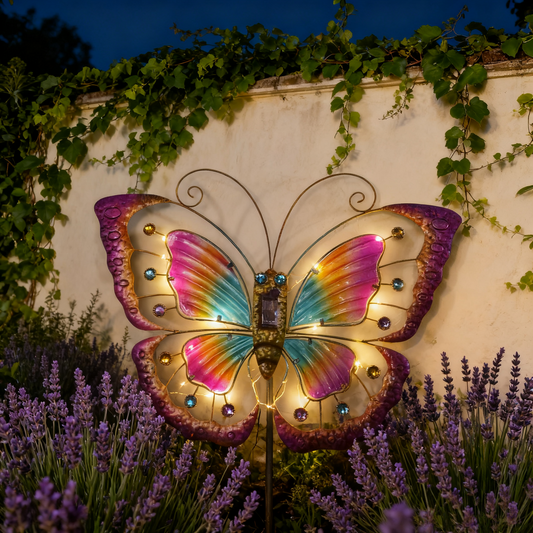 Solar-Powered Metal Stained Glass Butterfly Garden Stake with Warm LED Lights - Outdoor Iron Art Decor for Garden Landscaping, Auto-Charging Night Light Ornament