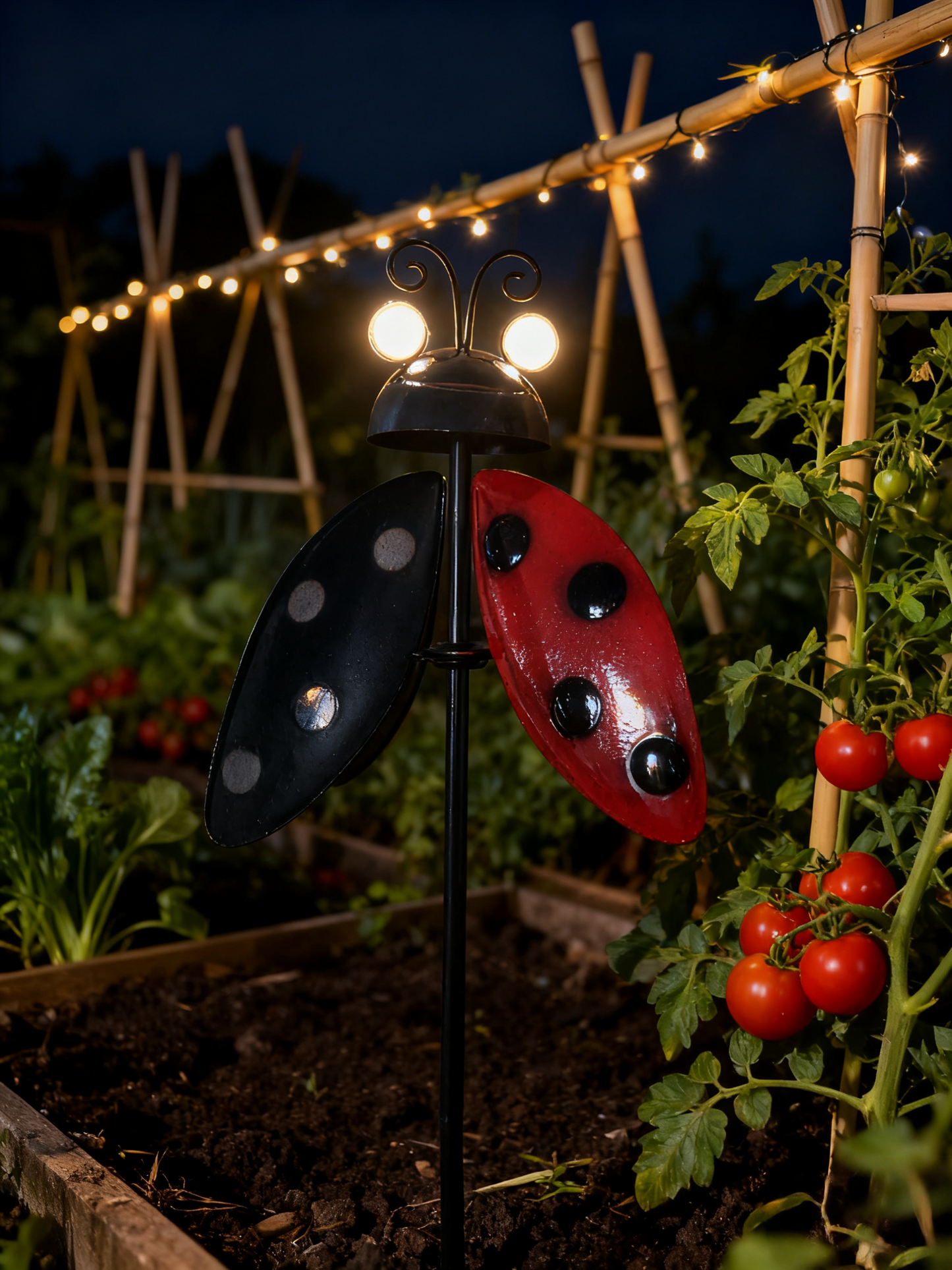 Solar-Powered Metal Ladybug Garden Stake with Warm LED Lights - Outdoor Iron Art Decor for Garden Landscaping, Auto-Charging Night Light Ornament